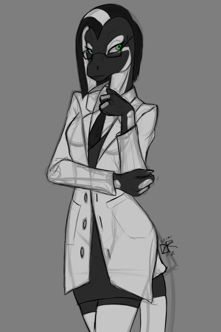 black_body black_hair breasts clothing eyewear female glasses green_eyes grey_background greyscale hair labcoat ldr monochrome plain_background sketch small_breasts solo unknown_species white_hair zena