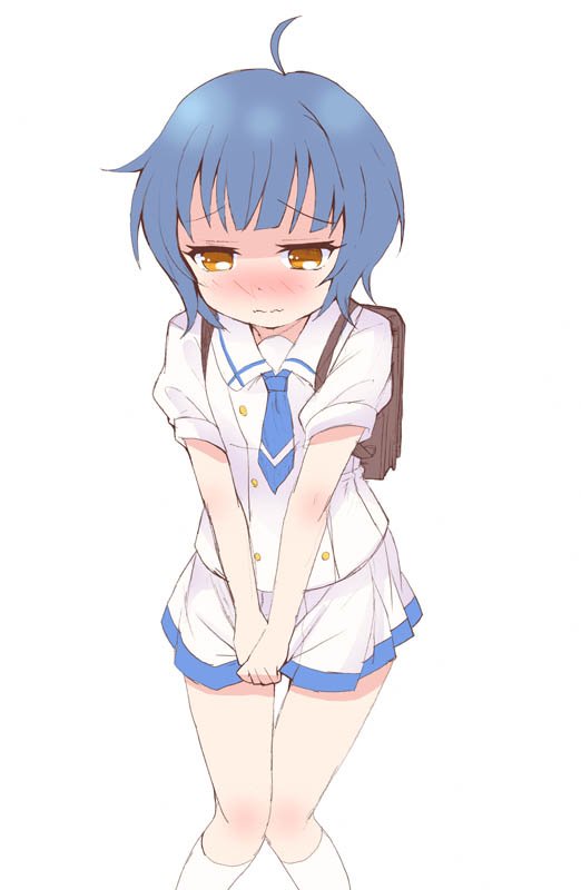 ahoge backpack bag bangs blue_hair blue_neckwear blush closed_mouth collarbone embarrassed eyebrows_visible_through_hair female flat_chest gochuumon_wa_usagi_desu_ka? half-closed_eyes hands_together have_to_pee jouga_maya jpeg_artifacts kneehighs knees_together_feet_apart miniskirt necktie nose_blush pleated_skirt ratryu school_uniform shirt short_hair short_sleeves simple_background skirt skirt_grab solo standing thigh_gap v_arms wavy_mouth white_background white_legwear white_shirt white_skirt yellow_eyes