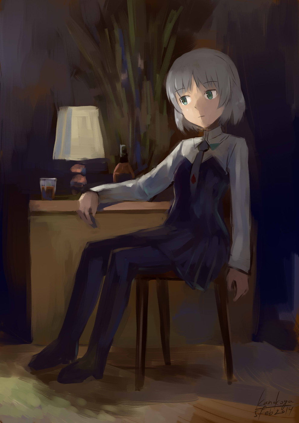 alcohol artist_name bottle chair dark dated glass green_eyes highres kanokoga lamp necktie pantyhose sanya_v_litvyak short_hair silver_hair sitting solo strike_witches world_witches_series