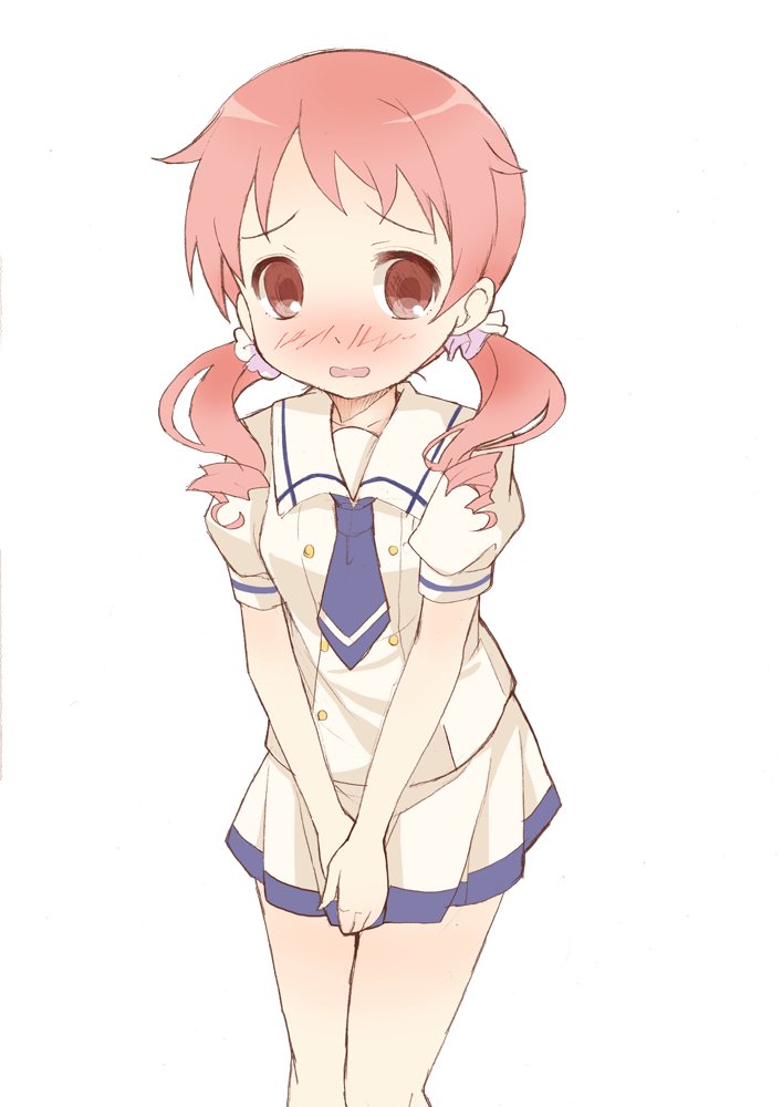 bangs blue_neckwear blush collarbone embarrassed eyebrows_visible_through_hair female gochuumon_wa_usagi_desu_ka? hands_together have_to_pee hoto_cocoa jpeg_artifacts legs_together matching_hair/eyes miniskirt natsu_megumi necktie nose_blush open_mouth pink_eyes pink_hair pleated_skirt ratryu school_uniform scrunchie shiny shiny_hair shirt short_sleeves simple_background skirt solo standing tied_hair twintails v_arms white_background white_shirt white_skirt