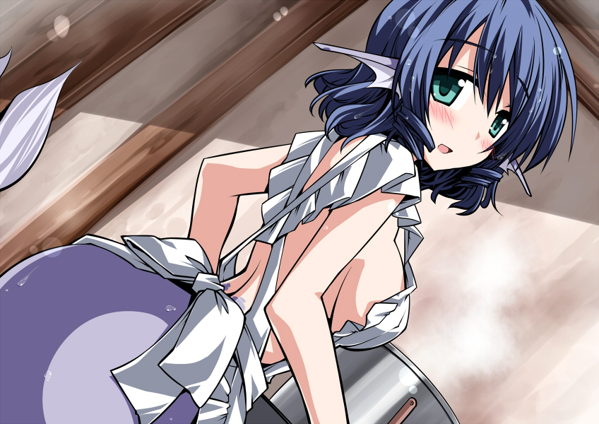 apron aqua_eyes back bare_arms blue_hair blush breasts head_fins hemogurobin_a1c kitchen large_breasts looking_at_viewer mermaid monster_girl naked_apron open_mouth pot sideboob smile solo touhou turn_pale wakasagihime