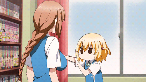 2girls animated animated_gif blonde_hair bounce bouncing_breasts braid breast_poke breasts brown_hair d-frag! long_hair lowres multiple_girls pigtail poke poking shibasaki_roka short_hair single_braid takao_(d-frag!) twintails