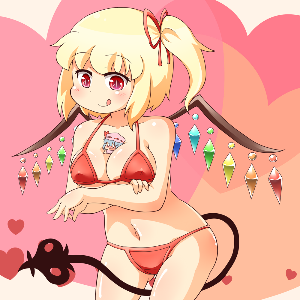 :q between_breasts bikini blonde_hair blue_hair blush breasts chibi cleavage covered_nipples crystal demon_tail flandre_scarlet hat heart jinnouchi_akira laevatein laevatein_(tail) large_breasts minigirl multiple_girls navel no_hat no_headwear o_o person_between_breasts red_bikini red_eyes remilia_scarlet siblings side_ponytail sisters slit_pupils smile swimsuit tail tongue tongue_out touhou wings