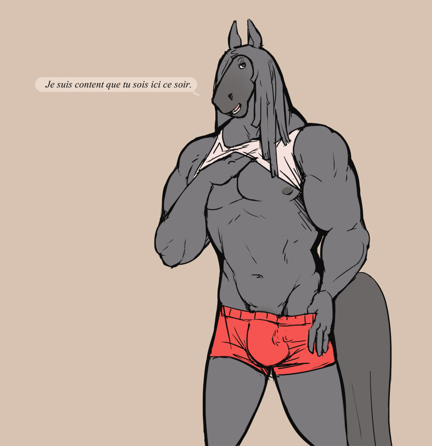 anthro biceps bulge clothing dialog dreadlocks equine french_text fur grey_eyes grey_fur grey_hair grey_mane grey_nipples hair horse jean-luc_(ritts) long_hair looking_at_viewer male mammal muscles navel nipples open_mouth pecs plain_background pose ritts shirt shirt_lift shorts solo standing tan_background tank_top teeth text toned tongue
