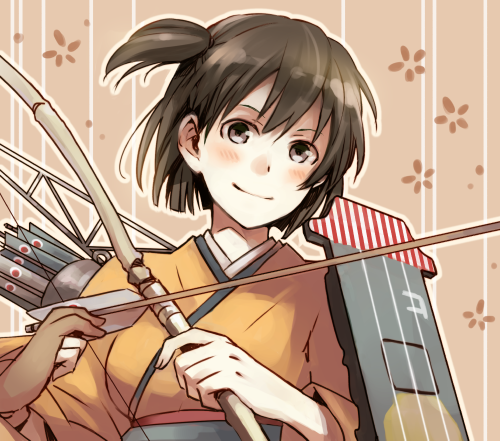 archery arrow blush bow_(weapon) brown_eyes brown_hair closed_mouth flight_deck gloves hiryuu_(kantai_collection) japanese_clothes kantai_collection kyuudou lowres one_side_up partly_fingerless_gloves quiver ribbon short_hair single_glove skirt smile solo tokihiko upper_body weapon yugake