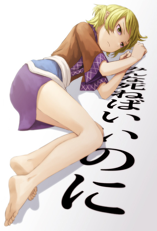 barefoot blonde_hair full_body green_eyes grey_background kurione_(zassou) looking_at_viewer lying mizuhashi_parsee on_side ponytail shirt short_hair short_sleeves simple_background skirt solo text_focus touhou translated