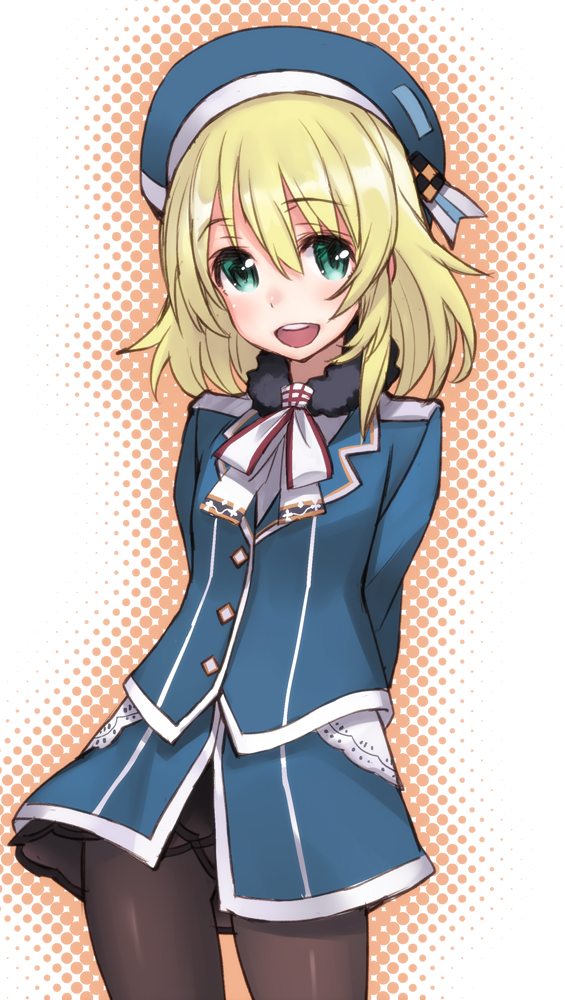 :d atago_(kantai_collection) bad_id bad_pixiv_id black_legwear blonde_hair green_eyes hat kantai_collection looking_at_viewer matsuryuu military military_uniform open_mouth pantyhose smile solo uniform younger