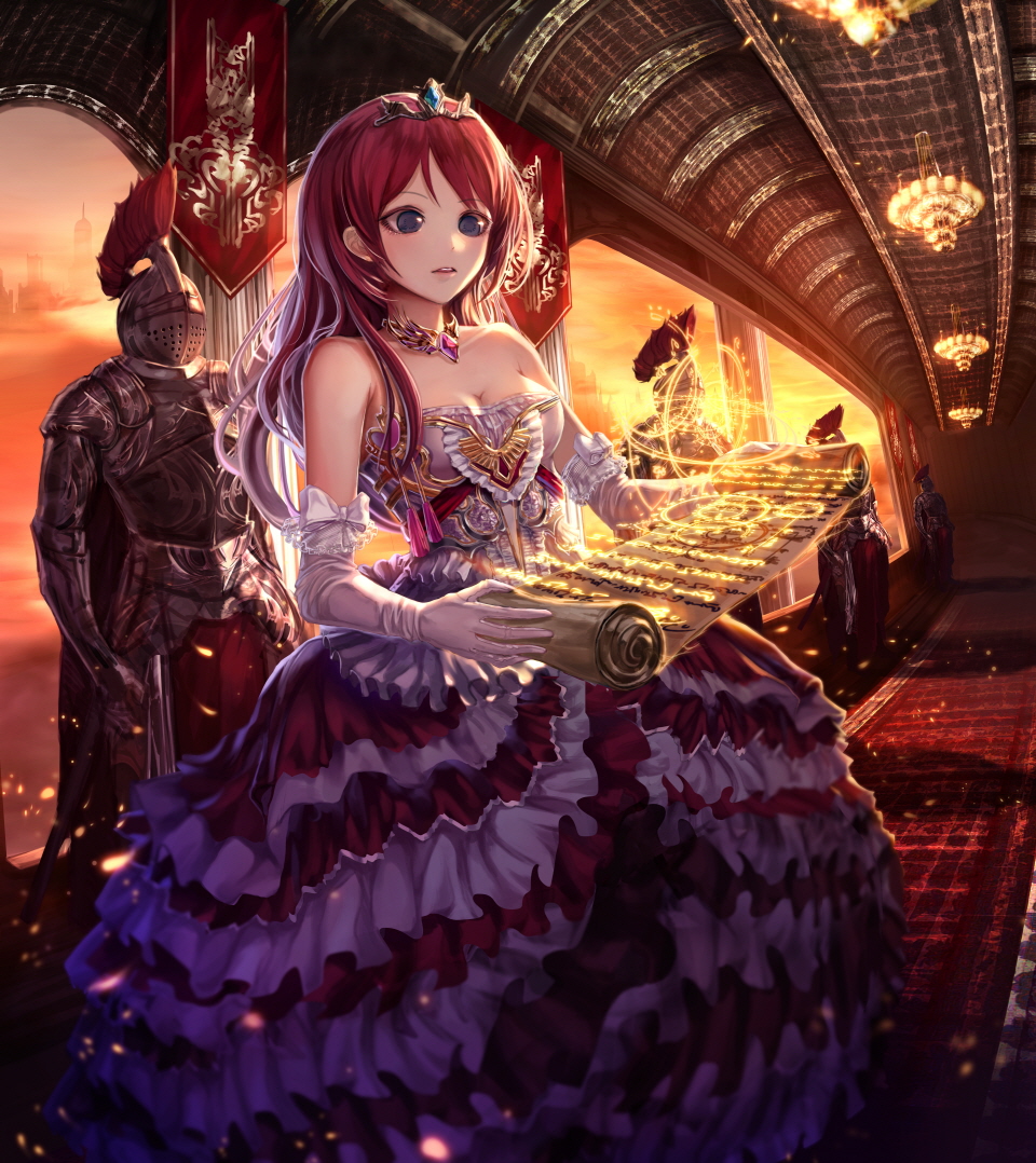 bare_shoulders blue_eyes blush breasts cleavage dress elbow_gloves frills gloves jname long_hair magic medium_breasts original red_hair scroll solo_focus tiara too_many too_many_frills