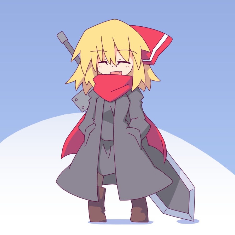 1girl :) blonde_hair boots child coat female ribbon rumia scarf smile solo sword touhou weapon