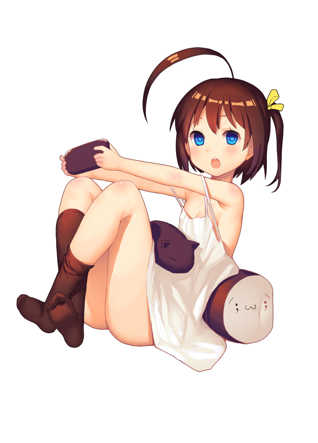 ahoge ass bare_shoulders black_legwear blue_eyes blush brown_hair cat character_request copyright_request dress flat_chest hair_ribbon looking_at_viewer open_mouth ribbon short_hair side_ponytail simple_background sitting socks solo tsliuyixin white_background white_dress