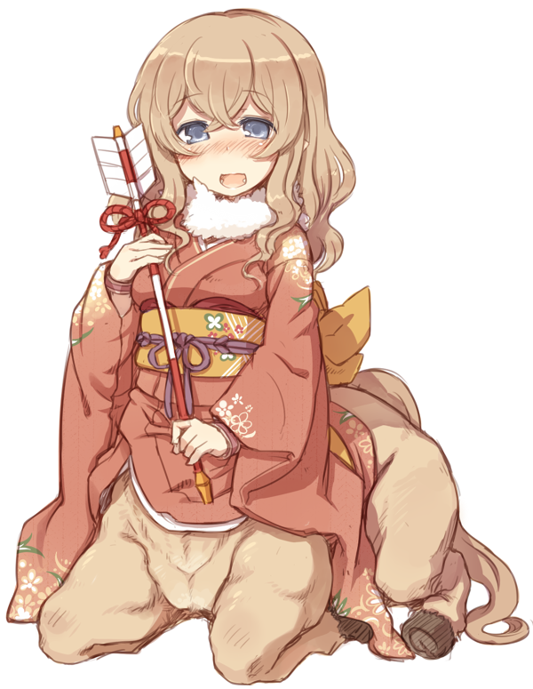 7010 arrow blue_eyes blush brown_hair centaur chinese_zodiac hamaya japanese_clothes kimono looking_at_viewer monster_girl new_year open_mouth original smile solo year_of_the_horse
