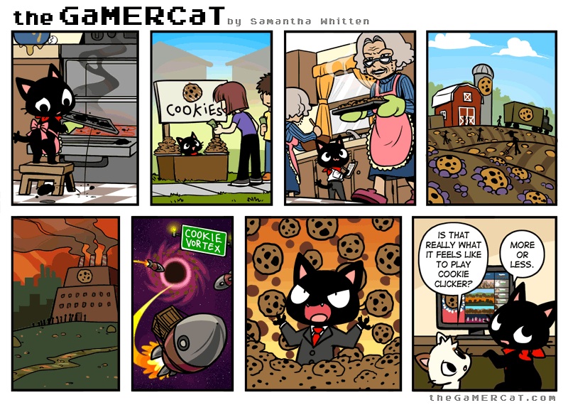 apron cat clothing comic computer controller cookie cookie_clicker desk dialog english_text evil feline female gamer_cat gamercat glitch_(character) grandma humor male mammal mittens open_mouth plate rocket_ship samantha_whitten speech_bubbles suit teeth text tongue young