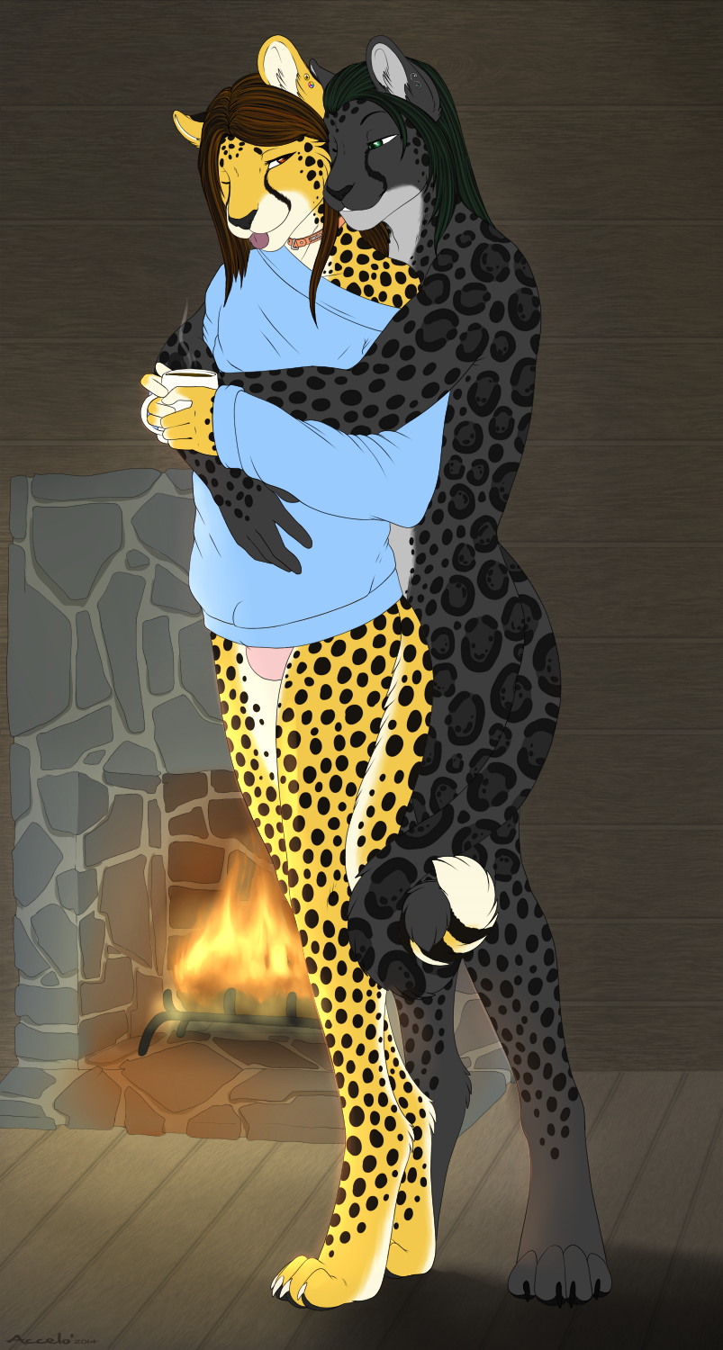 anthro black_fur black_hair bulge cheetah clothed clothing coffee collar colored couple crossdressing cup ear_piercing embracing feline fire fireplace fluffy_panther fur green_eyes green_hair grin hair house hug hybrid invalid_tag jaguar khraym long_hair love male mammal mug nude orange_eyes orange_hair panther panties paws piercing rosettes sheath_bulge smile spots standing sweater tongue tongue_out underwear white_fur yellow_fur