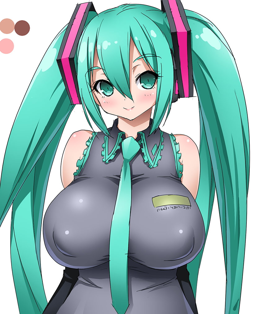 arms_behind_back bangs bare_shoulders breasts covered_nipples detached_sleeves frilled_shirt frills green_eyes green_hair hair_between_eyes hair_ornament hatsune_miku huge_breasts light_smile long_hair looking_at_viewer necktie onomeshin shirt simple_background sleeveless sleeveless_shirt smile solo twintails upper_body vocaloid white_background wide_hips wing_collar