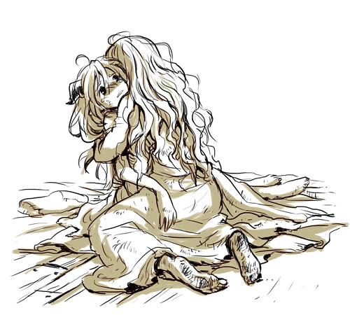 commentary dirty dirty_feet dragon_girl dress horns hug kneeling long_hair lowres monochrome mother_and_daughter original torn_clothes wooni