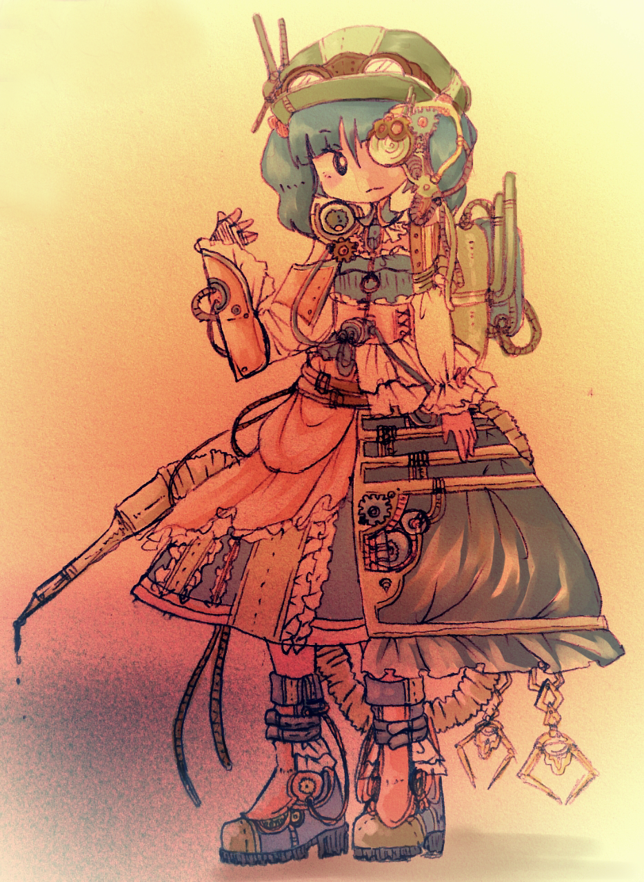 alternate_costume black_eyes hat highres hijiri_(xxhizirixx) kawashiro_nitori short_hair steampunk touhou two_side_up