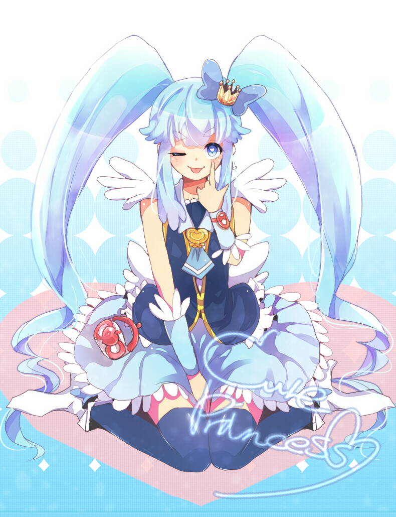 :p blue_eyes blue_hair blue_legwear blue_skirt character_name crown cure_princess happinesscharge_precure! heart heart-shaped_pupils long_hair looking_at_viewer magical_girl one_eye_closed precure shirayuki_hime skirt solo symbol-shaped_pupils thighhighs tongue tongue_out twintails yubiko_(itaike)