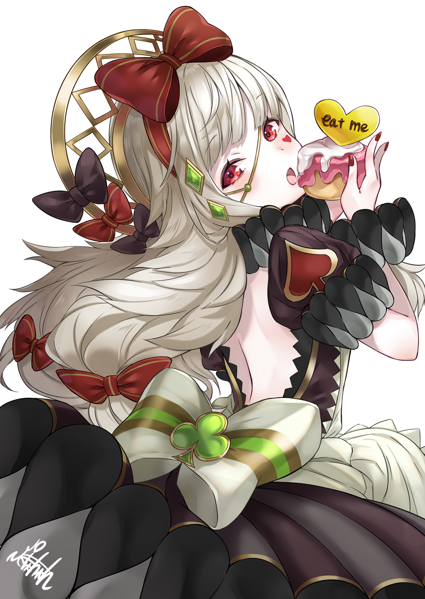 1girl alice_in_wonderland alternate_costume backless_dress backless_outfit bangs black_bow black_dress bow cake club_(shape) diamond_(shape) dress eyebrows_visible_through_hair facial_mark fire_emblem fire_emblem_heroes food hair_bow hair_ornament hairband heart highres holding long_hair looking_at_viewer looking_back nail_polish nintendo open_mouth puffy_short_sleeves puffy_sleeves red_bow red_eyes red_nails ringozaka_mariko short_sleeves simple_background solo spade_(shape) tongue tongue_out veronica_(fire_emblem) white_background wrist_cuffs