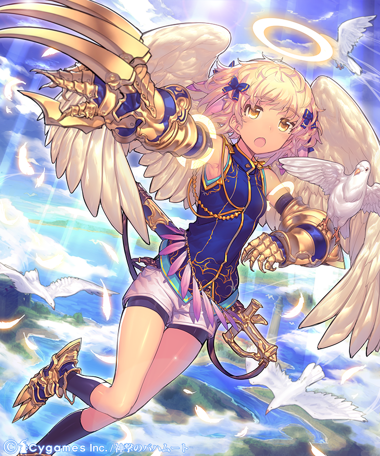 :o angel angel_wings ariel_(shingeki_no_bahamut) bike_shorts bird blonde_hair bow breasts detached_sleeves dove eyebrows feathered_wings feathers flying gauntlets hair_bow halo mckeee open_mouth sheath sheathed shingeki_no_bahamut short_hair sky small_breasts socks sword weapon wings yellow_eyes
