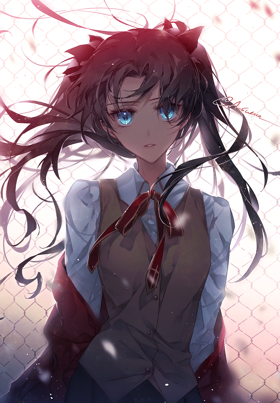 1girl bangs black_bow blue_eyes bow brown_hair brown_vest chain-link_fence collared_shirt commentary_request fate/stay_night fate_(series) fence h_sueun hair_bow highres jacket long_hair off_shoulder parted_lips red_bow red_jacket shirt signature solo tohsaka_rin two_side_up upper_body vest white_shirt wind