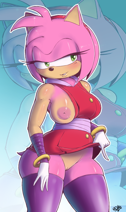 1girl 2014 amy_rose animal_ears artist_name bare_shoulders blush breast_slip dress dress_lift female gloves green_eyes inverted_nipples nipples no_panties one_breast_out pink_hair purple_legwear pussy randomboobguy signature solo sonic_boom_(game) sonic_the_hedgehog tail thighhighs uncensored zoom_layer