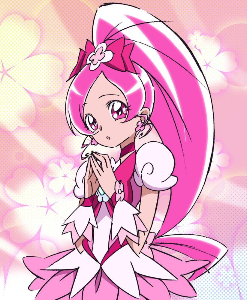 bow choker cure_blossom earrings eyelashes gorou_(pixiv3249935) hanasaki_tsubomi heartcatch_precure! jewelry long_hair looking_at_viewer magical_girl pink pink_background pink_bow pink_choker pink_eyes pink_hair pink_skirt ponytail precure puffy_sleeves skirt solo very_long_hair wrist_cuffs