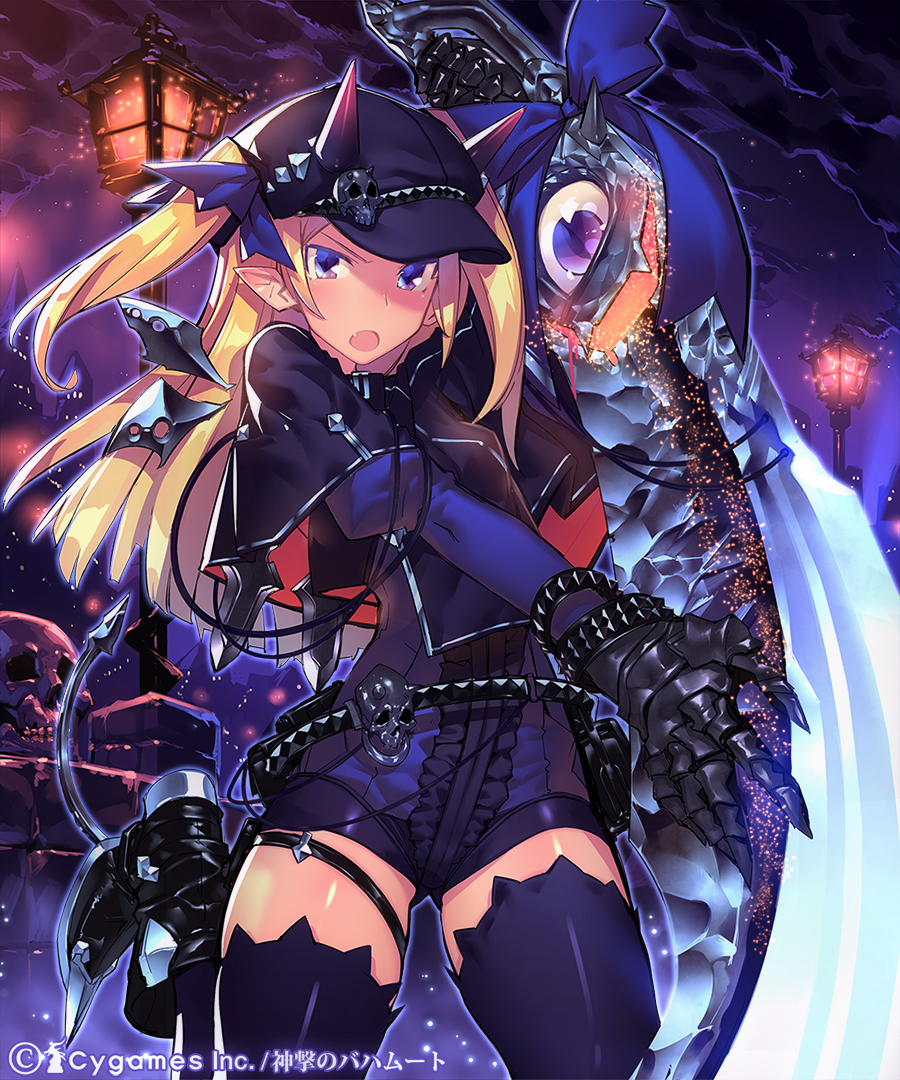 ankle_boots black_legwear blonde_hair blue_eyes blush bodysuit boots breasts capelet demon_eater demon_girl demon_tail fang gauntlets hair_ribbon hat horns huge_weapon long_hair long_sleeves mckeee pointy_ears puffy_long_sleeves puffy_sleeves ribbon shadowverse shingeki_no_bahamut skull small_breasts solo sword tail thighhighs two_side_up weapon