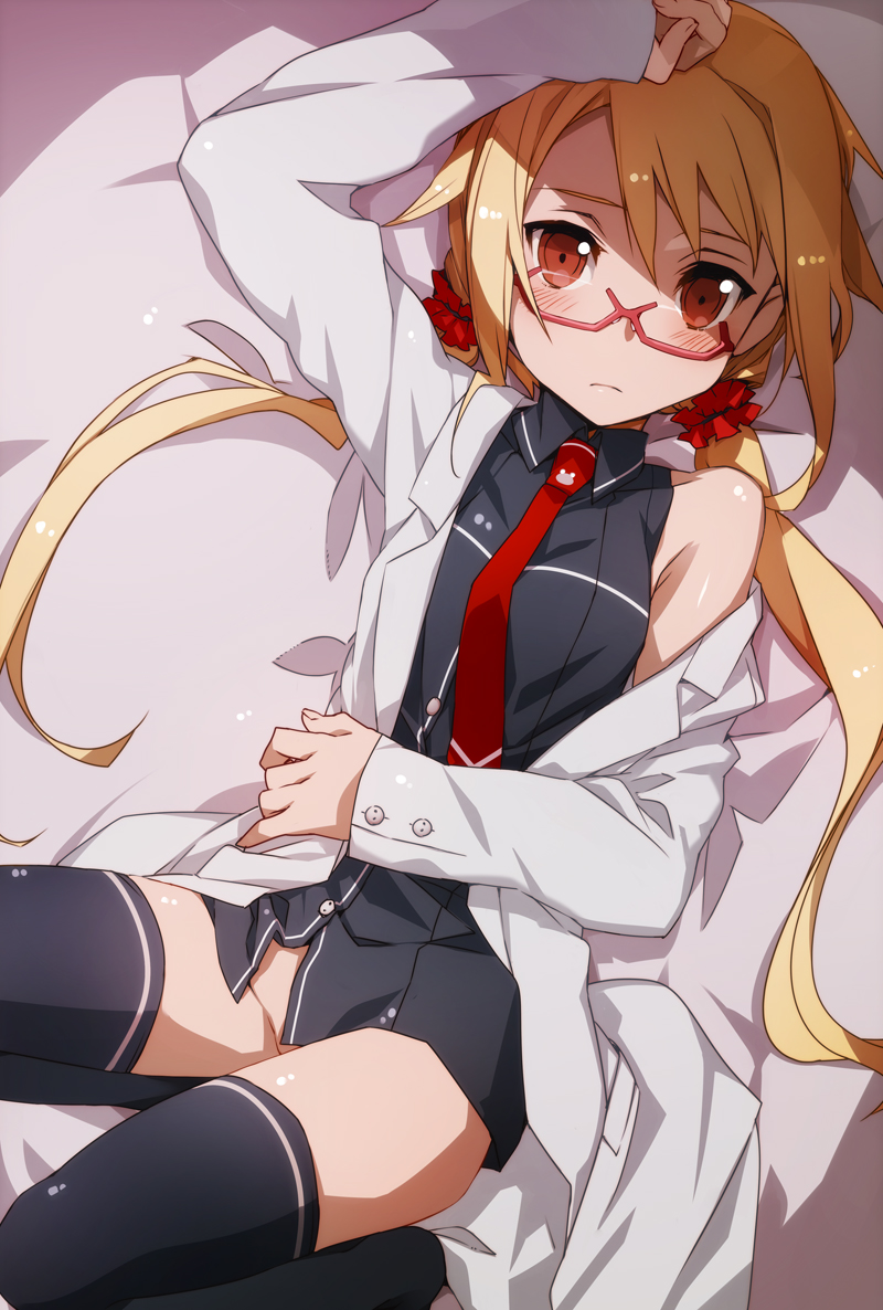 arm_up bare_shoulders black_legwear blonde_hair bottomless bunbun coat glasses labcoat long_hair lying necktie off_shoulder on_back open_clothes open_coat original red_eyes red_neckwear solo thighhighs twintails