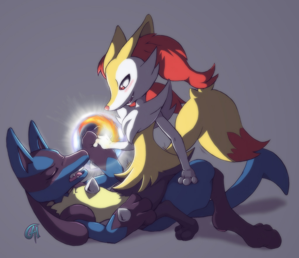 aura blush braixen canine cowgirl_position dark_nek0gami duo energy eyes_closed female fennec fox hand_holding lucario male mammal nintendo on_top pointy_ears pok&#233;mon pok&eacute;mon red_eyes sex smile spikes straddling teeth video_games