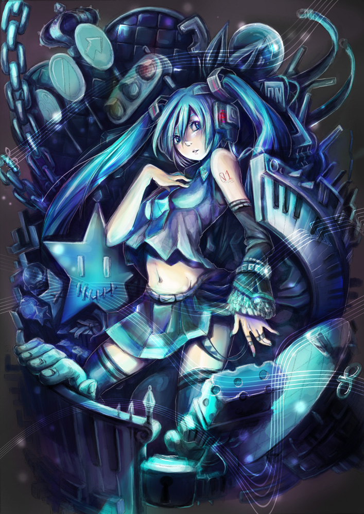 arosuke bad_id bad_pixiv_id blue_eyes blue_hair chain crown detached_sleeves hatsune_miku long_hair navel road_sign sign skirt solo thighhighs traffic_light twintails vocaloid