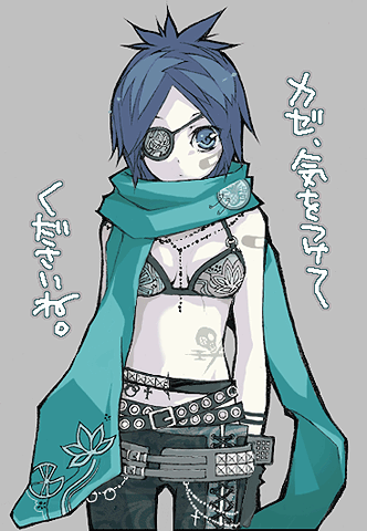 alternate_costume aqua_scarf bandages belt bikini_top blue_eyes blue_hair chrome_dokuro eyepatch gothic grey_background jewelry katekyo_hitman_reborn! looking_at_viewer lowres necklace scarf short_hair simple_background skull_and_crossbones solo source_request stomach_tattoo tattoo translation_request yue_(pixiv2547)