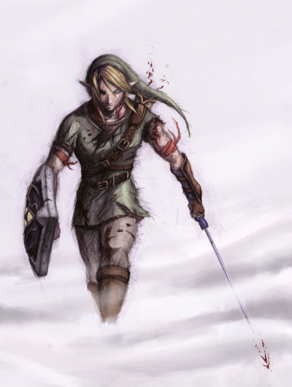 astor_alexander blonde_hair blood gloves hat highres holding holding_sword holding_weapon injury left-handed link male_focus manly master_sword pointy_ears shield solo sword the_legend_of_zelda tunic weapon