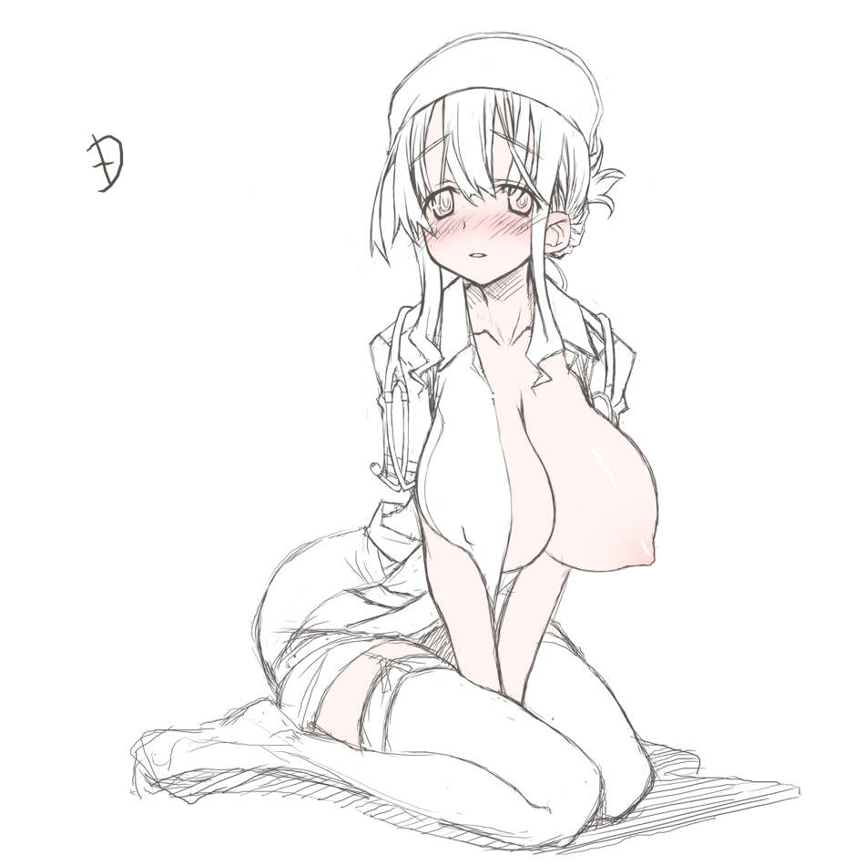 blush breasts large_breasts monochrome nipples sakuya_tsuitachi simple_background sitting sketch solo thighhighs v_arms wariza white_background
