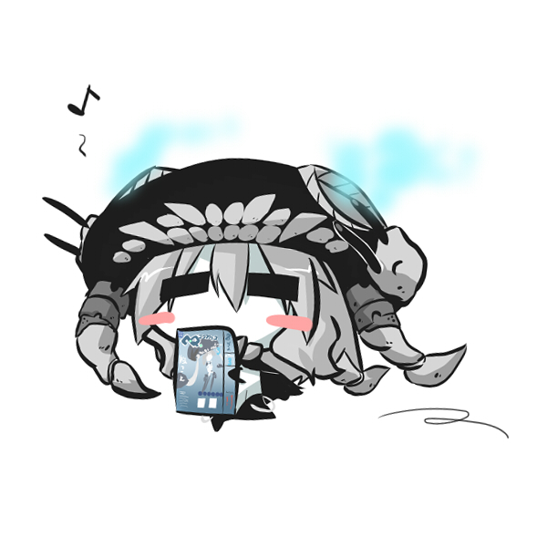 =_= blush_stickers box chibi eighth_note figure glowing glowing_eyes goma_(gomasamune) hat kantai_collection musical_note shinkaisei-kan silver_hair skipping solo spoken_musical_note teeth turret wo-class_aircraft_carrier