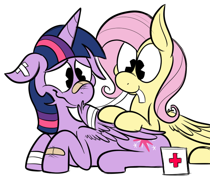 bandage cutie_mark equine feral first_aid fluttershy_(mlp) friendship_is_magic fur hair horn horse karpet-shark mammal my_little_pony pegasus pink_hair plain_background pony purple_fur twilight_sparkle_(mlp) two_tone_hair white_background winged_unicorn wings wounded yellow_fur