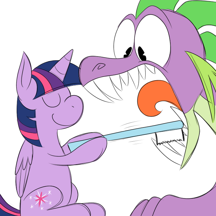 cutie_mark dragon duo equine eyes_closed fangs female friendship_is_magic fur hair horn horse karpet-shark male mammal multi-colored_hair my_little_pony older plain_background pony purple_fur purple_hair reptile royalty scalie sharp_teeth spike_(mlp) teeth tongue toothbrush twilight_sparkle_(mlp) two_tone_hair white_background winged_unicorn wings
