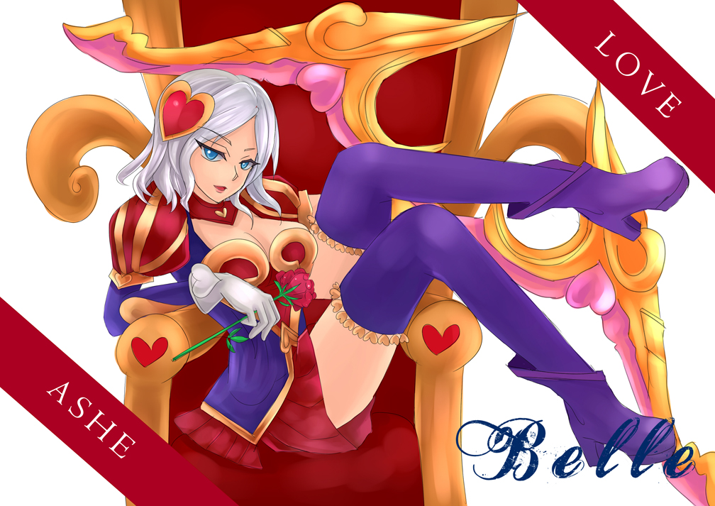 alternate_costume artist_name ashe_(league_of_legends) belle blue_eyes bow_(weapon) flower hair_ornament heart high_heels league_of_legends rose short_hair sitting thighhighs throne weapon white_hair