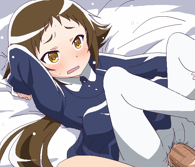 1girl bed blush brown_hair clothed_sex dress long_hair lying mikakunin_de_shinkoukei mitsumine_mashiro oekaki on_back pantyhose penis sex solo_focus spread_legs sweat through_clothes tomu_(tomubobu) tomubobu uncensored white_legwear yellow_eyes