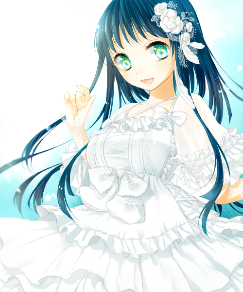 :d bad_id bad_pixiv_id black_hair bow dress flower hair_flower hair_ornament long_hair multicolored multicolored_eyes nouseu open_mouth original smile solo white_dress