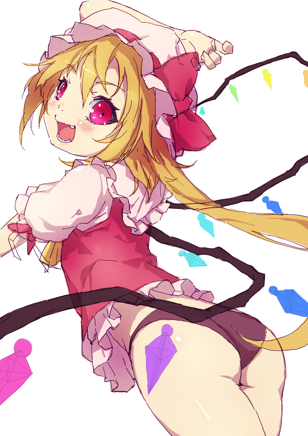armais_(me-chan337) ascot ass blonde_hair blush flandre_scarlet hat no_pants open_mouth panties red_eyes short_hair side_ponytail simple_background sketch smile solo touhou underwear white_background wings