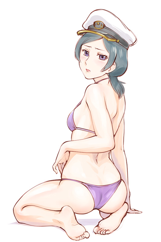 arm_support ass back barefoot bikini blush buddy_complex feet from_behind green_hair hat lene_kleinbeck long_hair looking_back peaked_cap purple_eyes sitting solo swimsuit toes ueyama_michirou