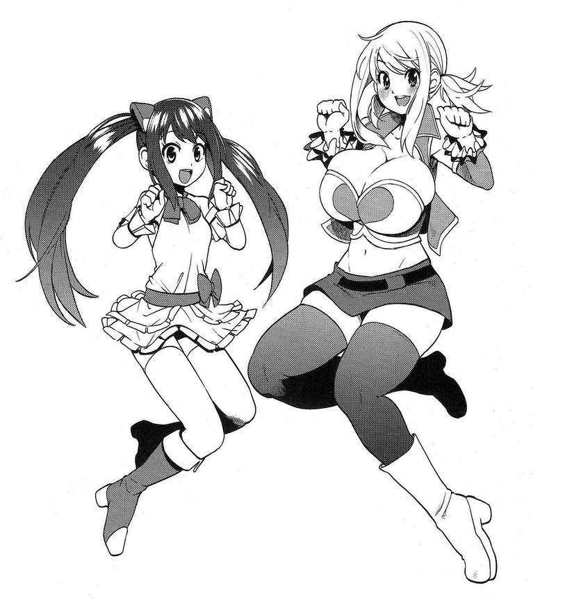 boots breasts cleavage fairy_tail greyscale huge_breasts lucy_heartfilia monochrome multiple_girls navel ribbon skirt smile tamagoroo_(funifuni_labo) twintails wendy_marvell