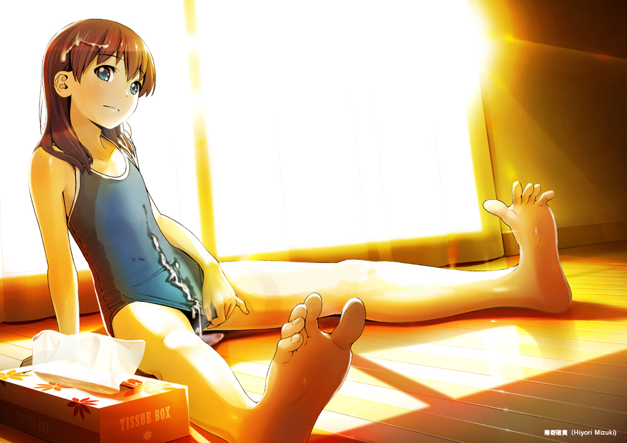 after_sex bare_shoulders barefoot blue_eyes brown_hair competition_school_swimsuit cum cum_on_body cum_on_clothes cum_on_hair cum_on_lower_body cumdrip feet flat_chest hiyori_mizuki long_hair long_legs one-piece_swimsuit original school_swimsuit sitting soles solo spread_toes swimsuit swimsuit_aside toes