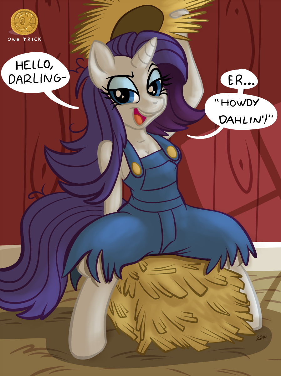 2014 anthro anthrofied bale_of_hay barn bedroom_eyes blue_eyes breasts cleavage clothed clothing dialog english_text equine eyeshadow female friendship_is_magic hair half-closed_eyes hat hay horn horse looking_at_viewer makeup mammal messy_hair my_little_pony onetrickpony overalls pony purple_hair rarity_(mlp) sitting straw_hat text unicorn wood