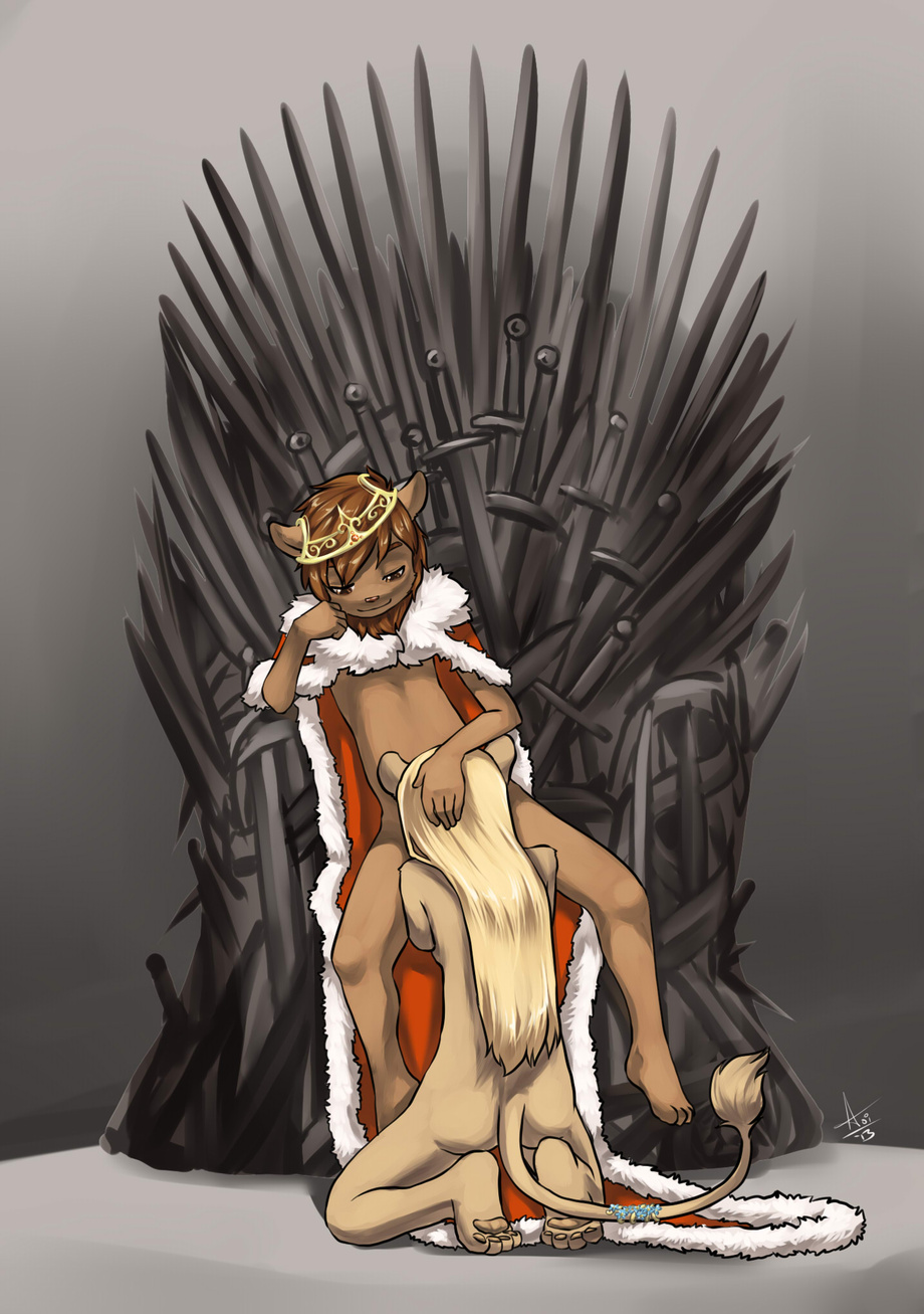 aogami bigger_version_at_the_source cape crown feline fellatio flower game_of_thrones iron_throne jewel jewelry king lion mammal mane montez oral oral_sex royalty sex sword throne weapon