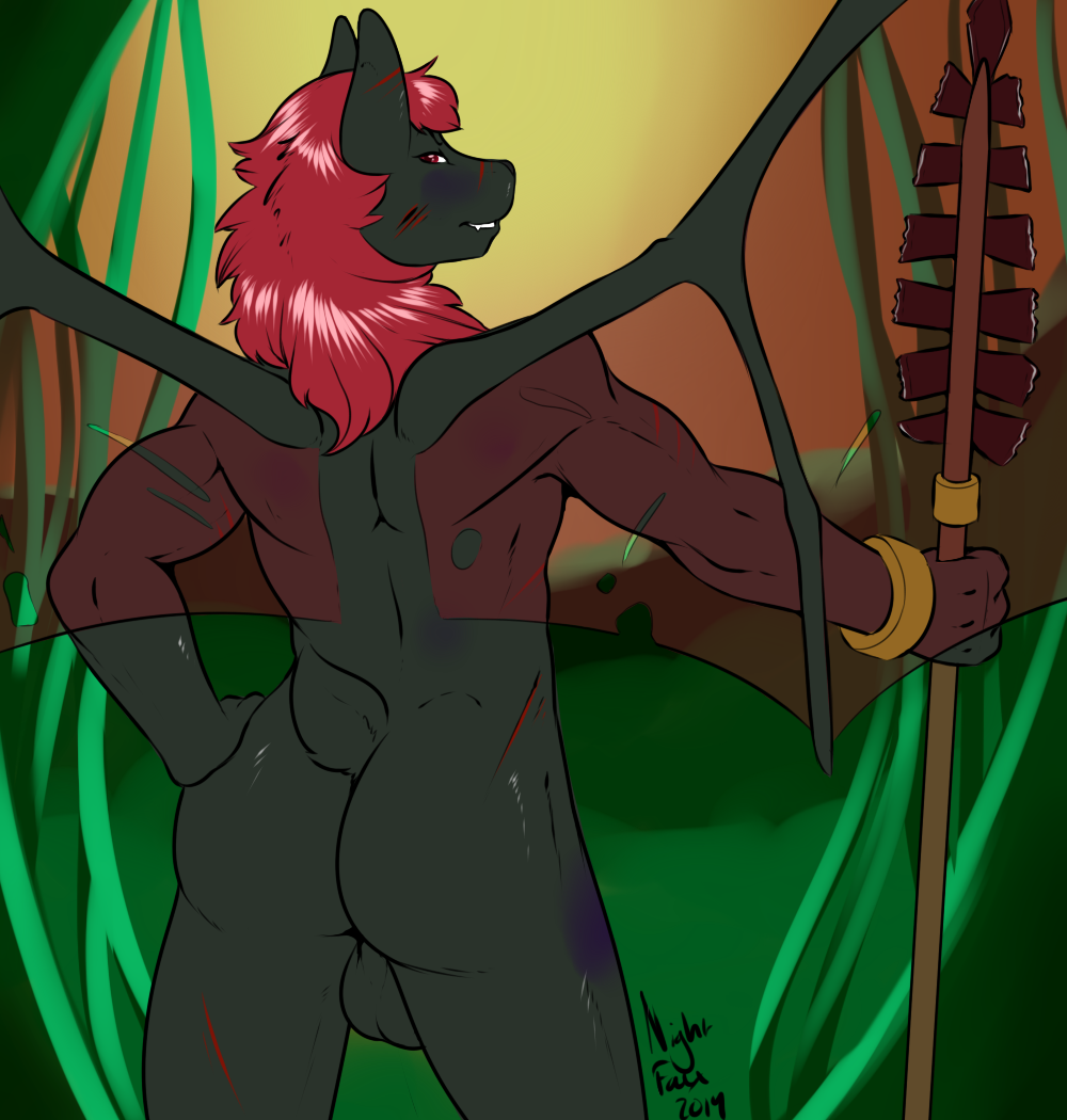 anthro aztec back back_turned backsack balls bat blood bruise butt hair hand_on_butt jungle long_hair looking_at_viewer looking_back male mammal nightfaux nude polearm red_eyes red_hair scar short_tail solo spear standing teeth warrior weapon wings