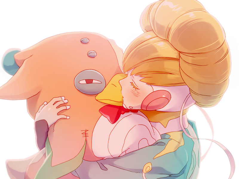 adelie_(space_dandy) bad_id bad_pixiv_id blonde_hair closed_eyes colored_eyelashes kiss maguro_(ma-glo) simple_background solo space_dandy stuffed_animal stuffed_penguin stuffed_toy white_background