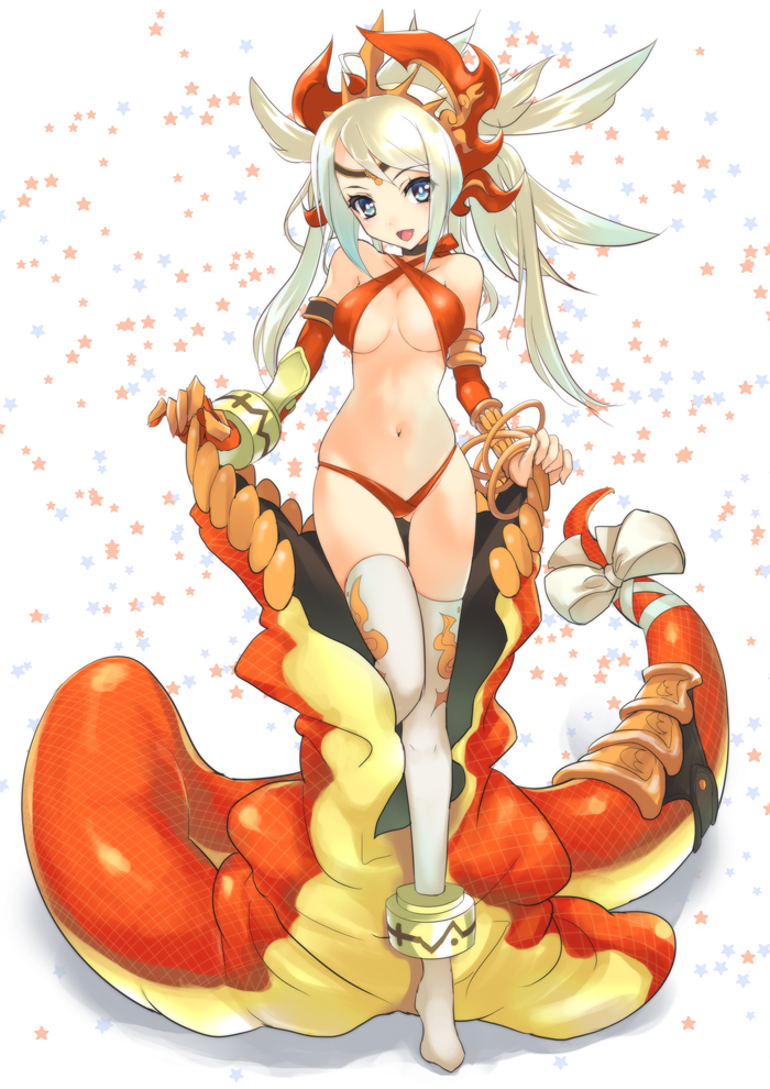 armlet bare_shoulders bikini blonde_hair blue_eyes blush bow bracelet breasts cleavage criss-cross_halter echidna_(p&amp;d) halter_top halterneck jewelry long_hair looking_at_viewer medium_breasts navel open_mouth puzzle_&amp;_dragons skindentation smile snake_tail solo swimsuit tail thigh_gap thighhighs underboob white_legwear yoshiwo