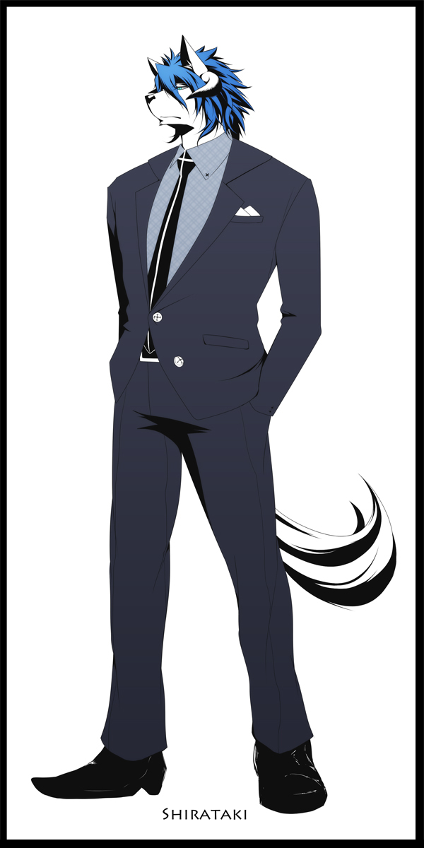 blue_eyes blue_hair broad_shoulders canine clothed clothing hair hands_in_pockets horn ig looking_away male mammal necktie serious shirataki suit wolf