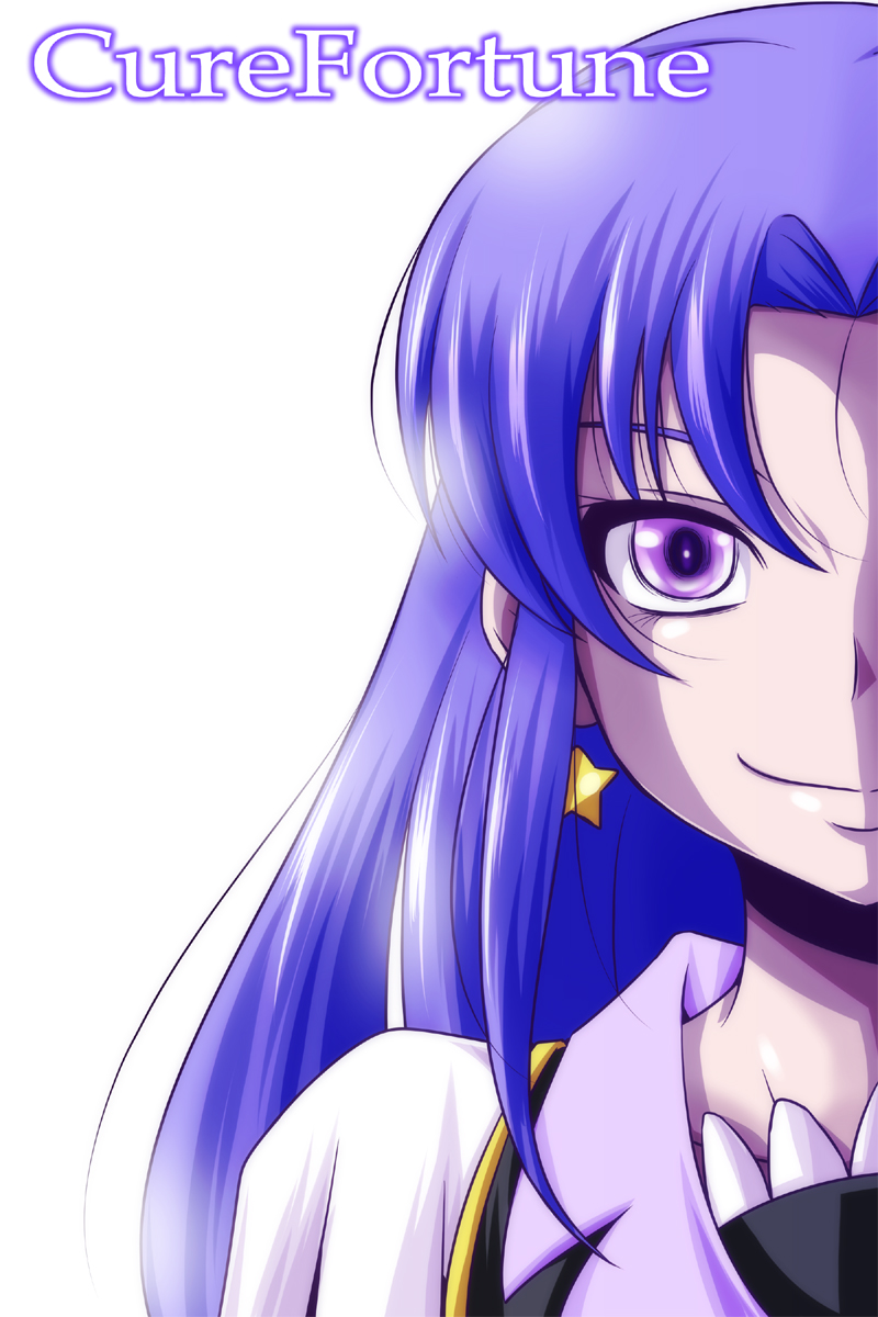 character_name cure_fortune dress earrings english eyelashes happinesscharge_precure! highres hikawa_iona jewelry looking_at_viewer magical_girl nishi_koutarou precure purple_eyes purple_hair simple_background smile solo white_background
